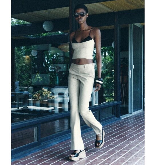 BLOGGER'S FAVE! Zara 2 Piece Flared Pants And Matching Tank Top Set Khaki NWT - Picture 7 of 14